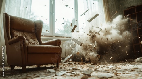 A vintage armchair sits as dust clouds and wooden fragments engulf the surrounding space, illustrating a dramatic narrative of destruction and historical tension.