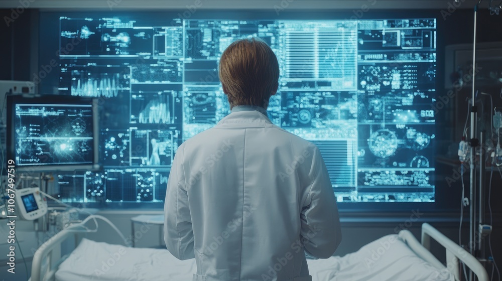 Back view of doctor in hospital area surrounded by digital icons and medical technology Back view of doctor in hospital area surrounded by digital icons and medical technology