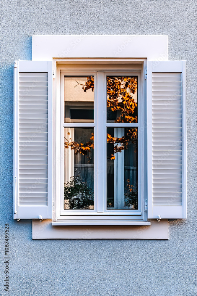 A serene view of a white window with wooden shutters reflecting autumn leaves in a peaceful neighborhood setting A serene view of a white window with wooden shutters reflecting autumn leaves in a peaceful neighborhood setting