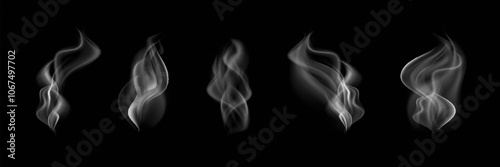 Set of steam or abstract white smog. Isolated on a black background. Wavy steam, fog, haze, gas, hot drinks, food. Vector