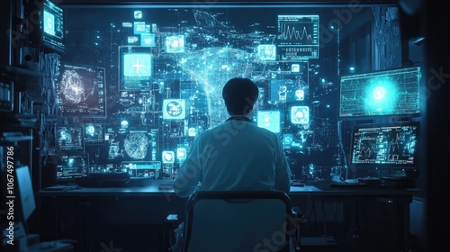 Back view of doctor in hospital area surrounded by digital icons and medical technology