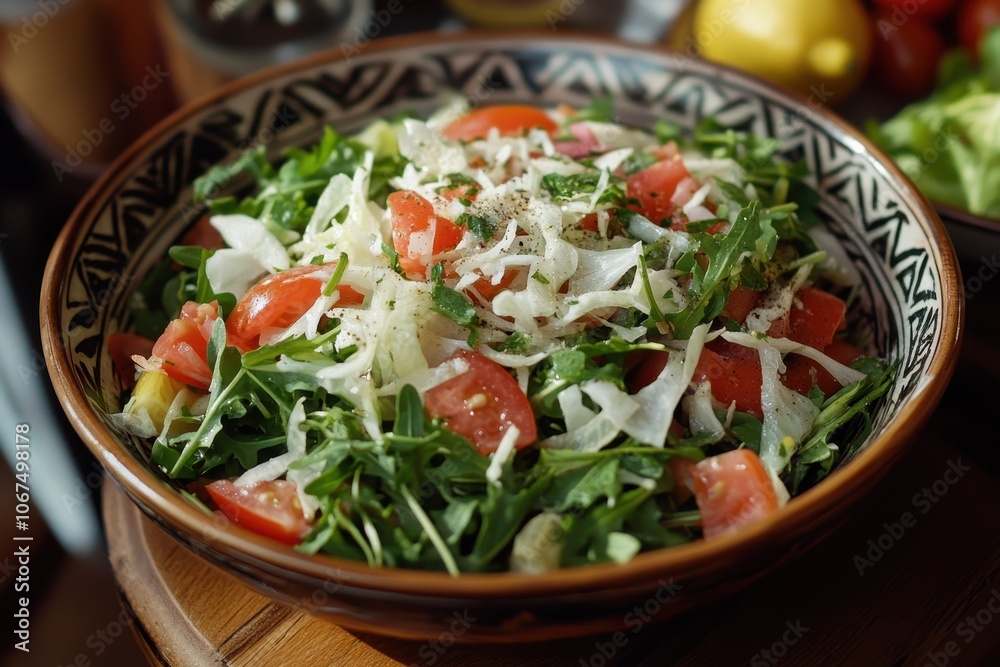 Salad featuring arugula onions tomatoes cabbage lemon and greens Salad featuring arugula onions tomatoes cabbage lemon and greens