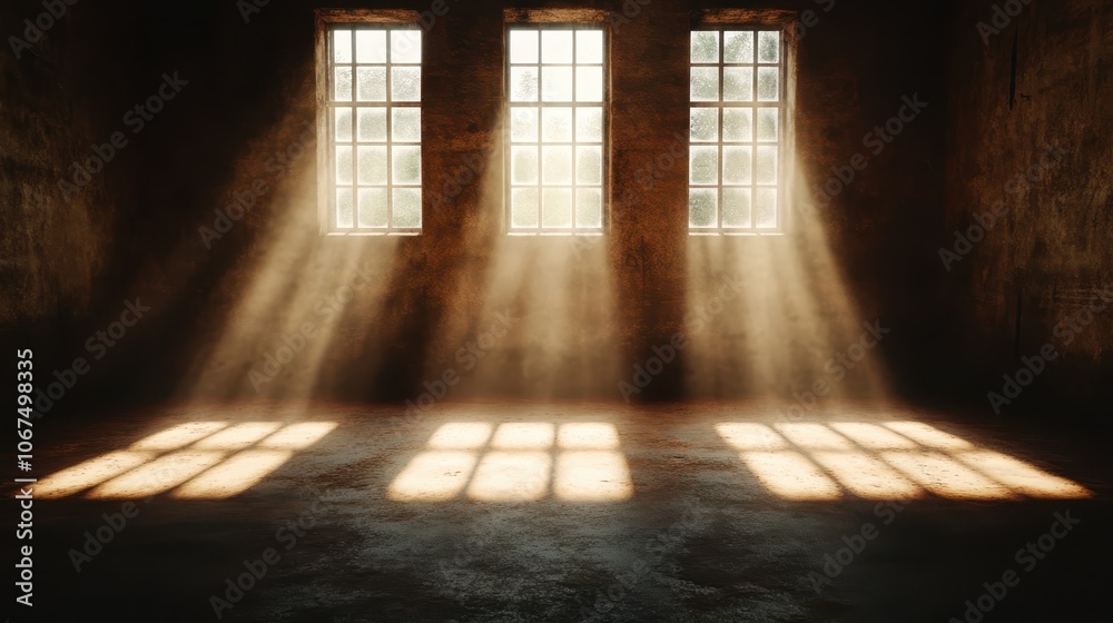 This image captures a rustic, empty room bathed in warm sunlight streaming through three large windows, casting patterned shadows on the floor and evoking solitude.