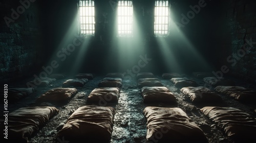 An evocative image of an empty prison cell, with light streaming through barred windows, creating a powerful contrast between hope and despair in a desolate environment.
