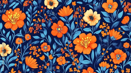 A vibrant floral pattern featuring orange and blue flowers on a dark background.