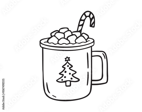 Cup of hot cocoa with marshmallows and candy cane doodle hand drawn isolated icon. Doodle cocoa cup for Christmas 