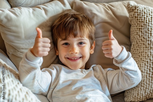 Whos the best boy Me. Portrait of an adorable little boy showing thumbs up on the sofa at home. photo