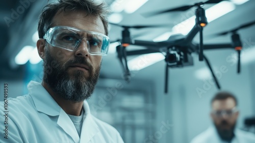 A determined scientist wearing safety glasses closely monitors a drone within a lab, highlighting concentration and the intersection of science with technology. photo