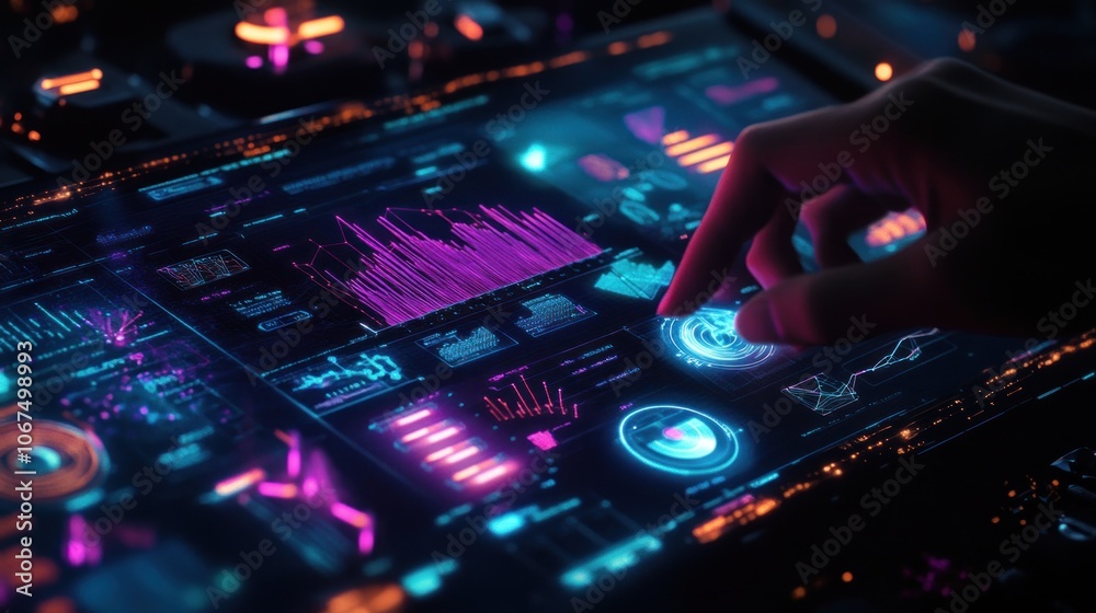 A futuristic interface displaying data analytics with vibrant visuals and interactive elements. A futuristic interface displaying data analytics with vibrant visuals and interactive elements.