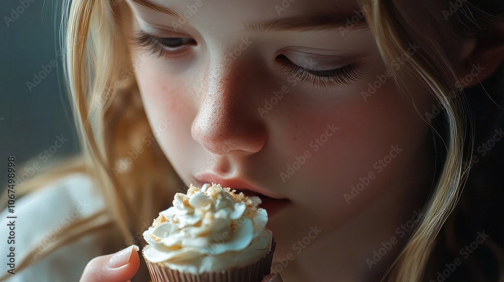 A girl eating a small creamy cake A girl eating a small creamy cake