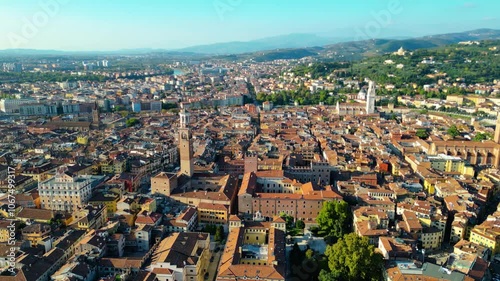 Verona, a beautiful and historic city in northern Italy, shines under sunny skies. Known as the city of Romeo and Juliet, Verona attracts tourists with its rich cultural heritage, charming streets photo