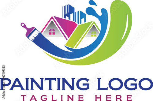 Building Painting logo design with vector house paint brush icon for color