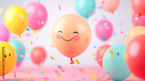 Playful 3D cartoon-style balloons with smiling faces, festive party background, vibrant colors and confetti