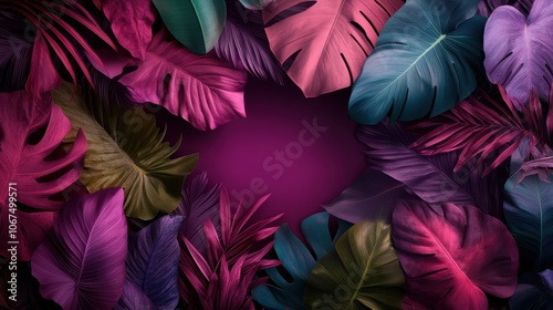 This image features striking dark foliage juxtaposed with colorful tropical leaves. The arrangement creates a vibrant and artistic display, perfect for decor inspiration. photo