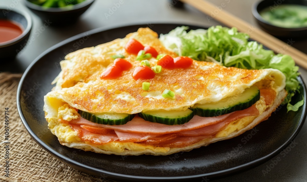 Japanese omelette sandwich with ham tomato lettuce cucumber and assorted sauces served in a cafeteria Japanese omelette sandwich with ham tomato lettuce cucumber and assorted sauces served in a cafeteria