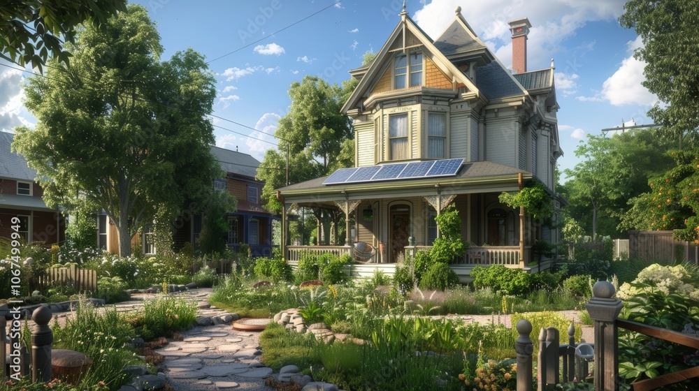 Obraz premium Victorian-Style Autonomous House with Solar Panels in Charming Historic Neighborhood
