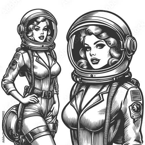 glamorous woman in a retro-style space helmet, vintage aesthetics with a futuristic astronaut theme sketch engraving generative ai vector illustration. Scratch board imitation. Black and white image.
