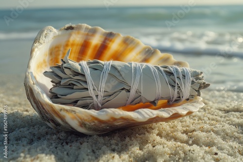 Seashell containing white sage stick photo