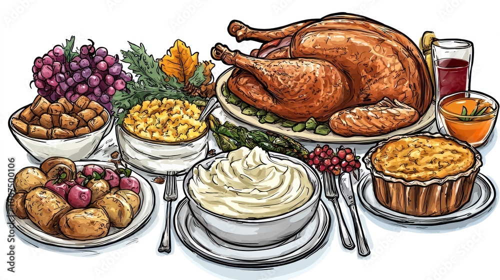 Thanksgiving dinner clipart featuring a table full food, including mashed potatoes, pie, and roasted turkey Thanksgiving dinner clipart featuring a table full food, including mashed potatoes, pie, and roasted turkey