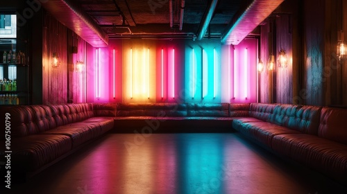 A stylish bar environment infused with eclectic charm, featuring a long upholstered seating area and striking neon light accents on the wall, exuding urban sophistication.