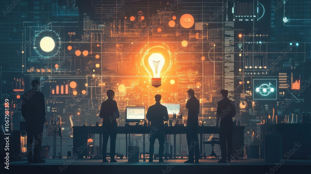 Back view, Researchers and experimenters in the laboratory, science, with a bright light bulb above, surrounded by digital and technological symbols icons Back view, Researchers and experimenters in the laboratory, science, with a bright light bulb above, surrounded by digital and technological symbols icons