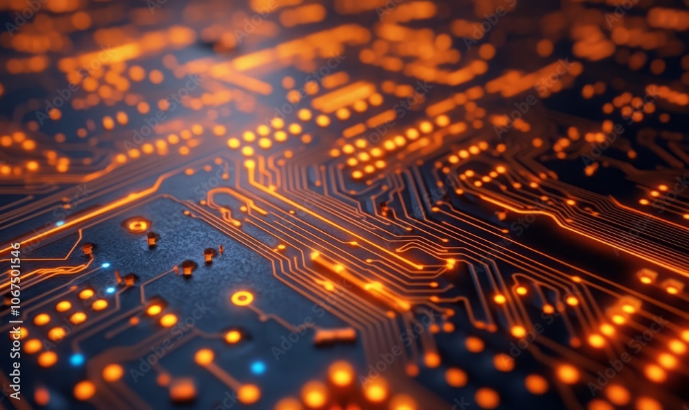 Close-up view of a glowing circuit board with intricate patterns and connections