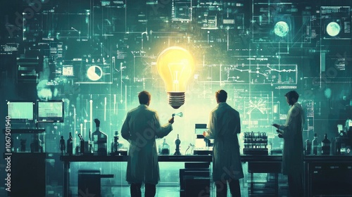 Back view, Researchers and experimenters in the laboratory, science, with a bright light bulb above, surrounded by digital and technological symbols icons  photo