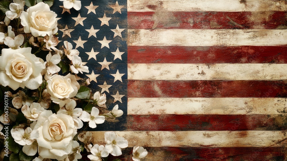 Obraz premium Vintage American Flag with White Roses