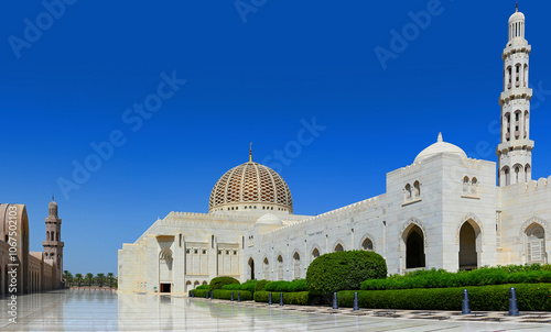 Large panoramic view of Sultan Qaboos Grand Mosque in Muscat, Oman. photo