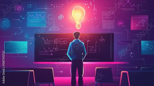 Back view, The teacher stands in front of the blackboard., with a bright light bulb above, surrounded by digital and technological symbols icons photo