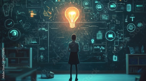 Back view, The teacher stands in front of the blackboard., with a bright light bulb above, surrounded by digital and technological symbols icons photo