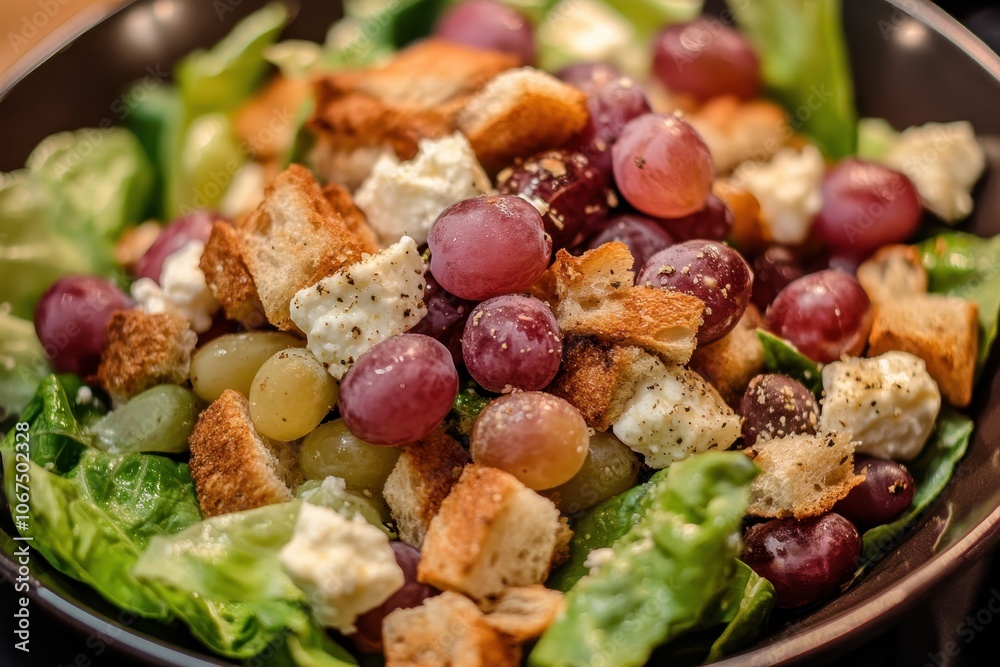 Spring salad with goat cheese grapes and walnuts accompanied by croutons Spring salad with goat cheese grapes and walnuts accompanied by croutons