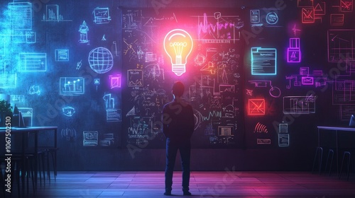 Back view, The teacher stands in front of the blackboard., with a bright light bulb above, surrounded by digital and technological symbols icons photo