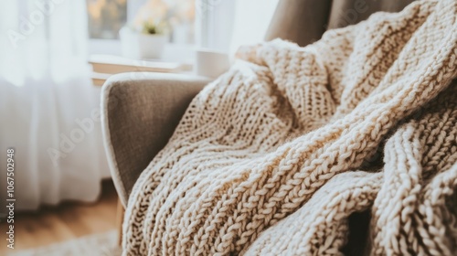 Cozy Knitted Blanket in Inviting Bedroom, a close-up view showcasing a soft blanket elegantly draped over a chair, enhancing the warmth and comfort of the serene space