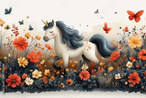 whimsical watercolor illustration of a cute unicorn prancing among a garden of flowers and butterflies radiating joy and enchantment set against a pure white background photo