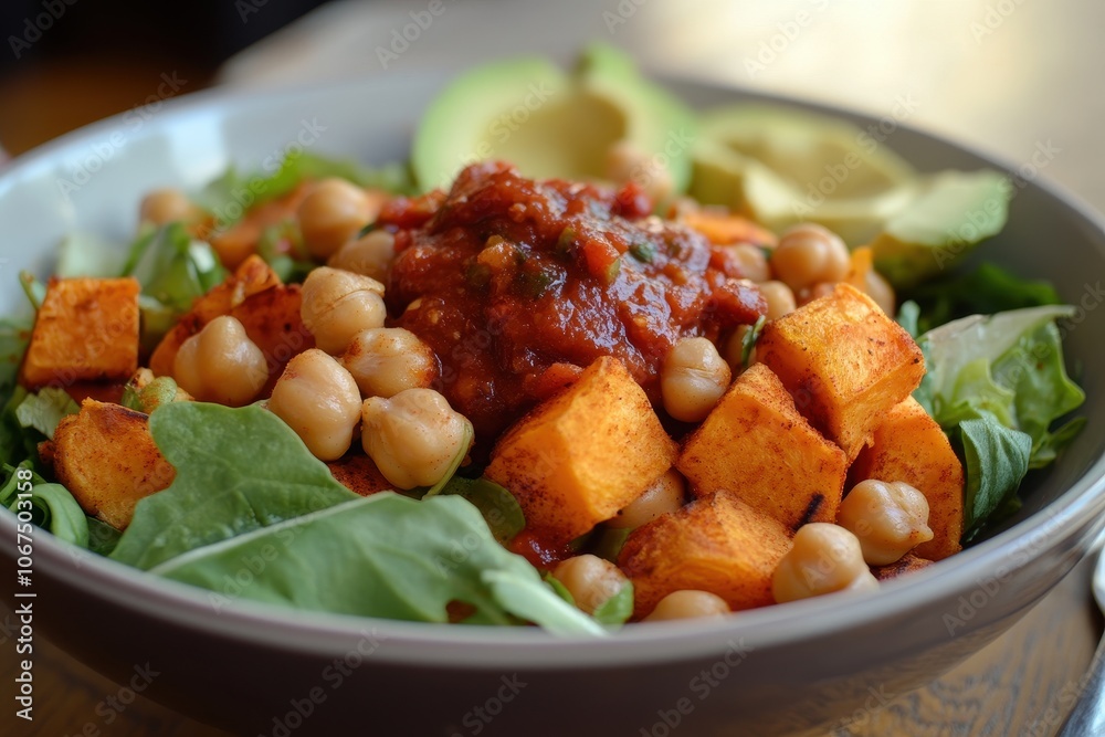 Sweet potato and chickpea salad with hot red sauce