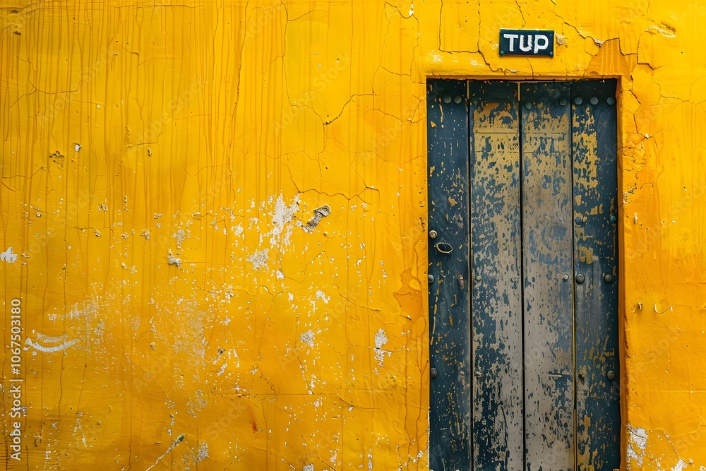 Vibrant Yellow Wall with Rustic Door and Signage Vibrant Yellow Wall with Rustic Door and Signage