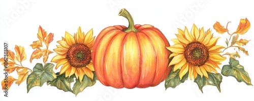 Pumpkin and sunflower clipart, a bright orange pumpkin decorated with yellow sunflowers for fall decor