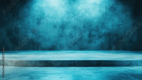 This image features a minimalist stage with an eerie blue lighting, creating an atmospheric and mysterious ambiance perfect for creative projects and presentations. photo