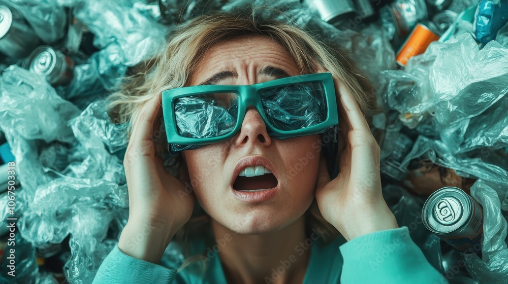 A woman shouting in frustration among piles of garbage, highlighted by her oversized glasses, reflecting environmental concerns and personal emotional distress. A woman shouting in frustration among piles of garbage, highlighted by her oversized glasses, reflecting environmental concerns and personal emotional distress.