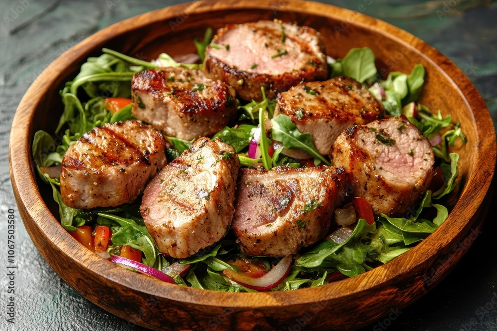 Fototapeta premium Tenderloin pork medallions with vegetable salad on a wooden plate Overhead shot with space for text