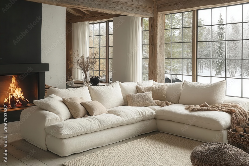 Fototapeta premium white corner sofa beside a fireplace in a scandinavianinspired modern living room showcasing clean lines soft textures and a warm inviting atmosphere perfect for relaxation