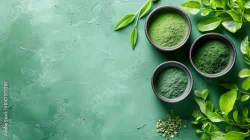Green superfood powder bowls with leaves on textured emerald background for healthy living concept