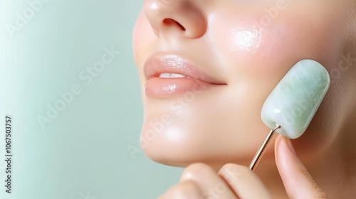 Close-up of fingers using jade roller on cheeks, healthy glow, skincare tools, facial technique