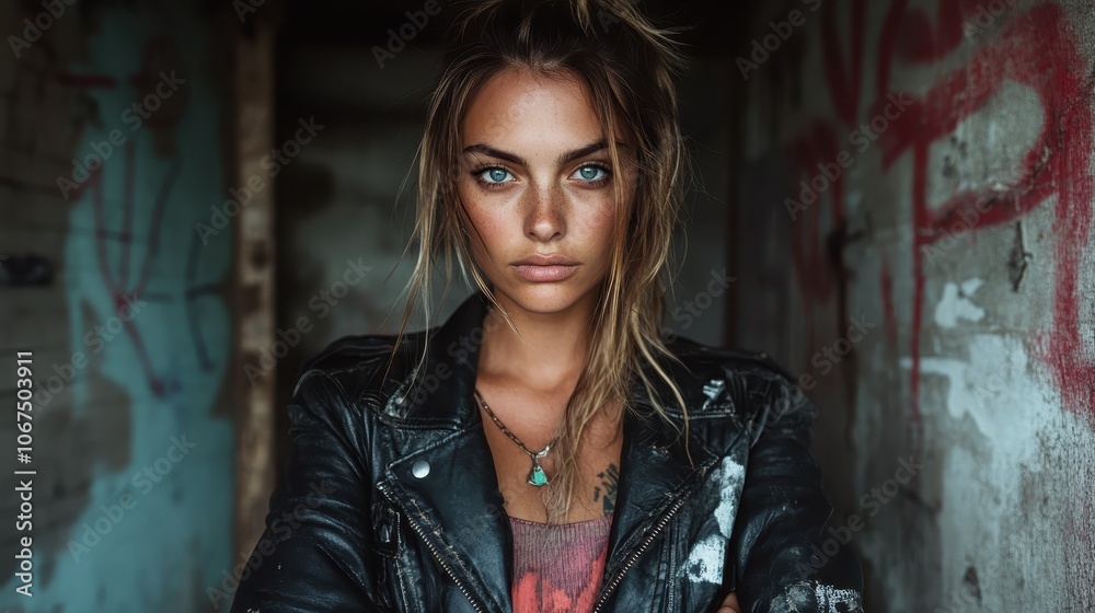 A fierce-looking person clad in a distressed leather jacket stands confidently amidst graffiti-adorned walls, exuding a sense of defiance and urban edge.