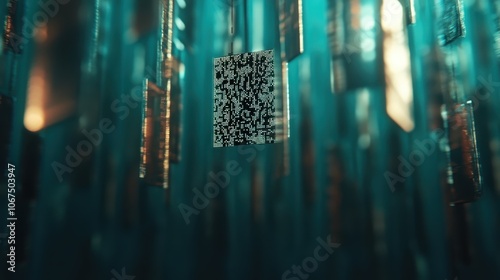 QR codes suspended in a digitally-rendered, illuminated glass forest, blending technology with organic aesthetic to explore themes of connectivity and modern interaction. photo