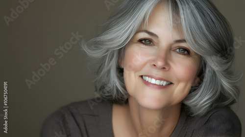 Mature Beauty: A joyful older woman with gray hair and a radiant smile, exuding confidence and natural beauty against a neutral backdrop. 