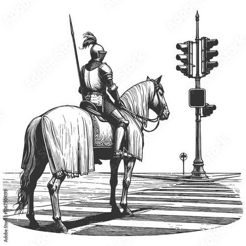 medieval knight on horseback, paused at a modern traffic light, blending historic and contemporary elements sketch engraving generative ai vector illustration. Black and white image.