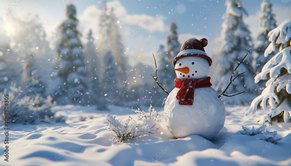 Obraz premium Cheerful snowman in a snowy forest, ideal for festive greetings and winter decor