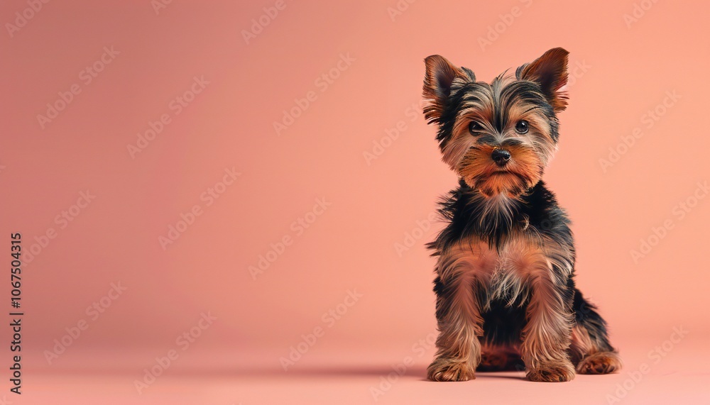 Yorkshire terrier puppy on a pink background with copy space Yorkshire terrier puppy on a pink background with copy space